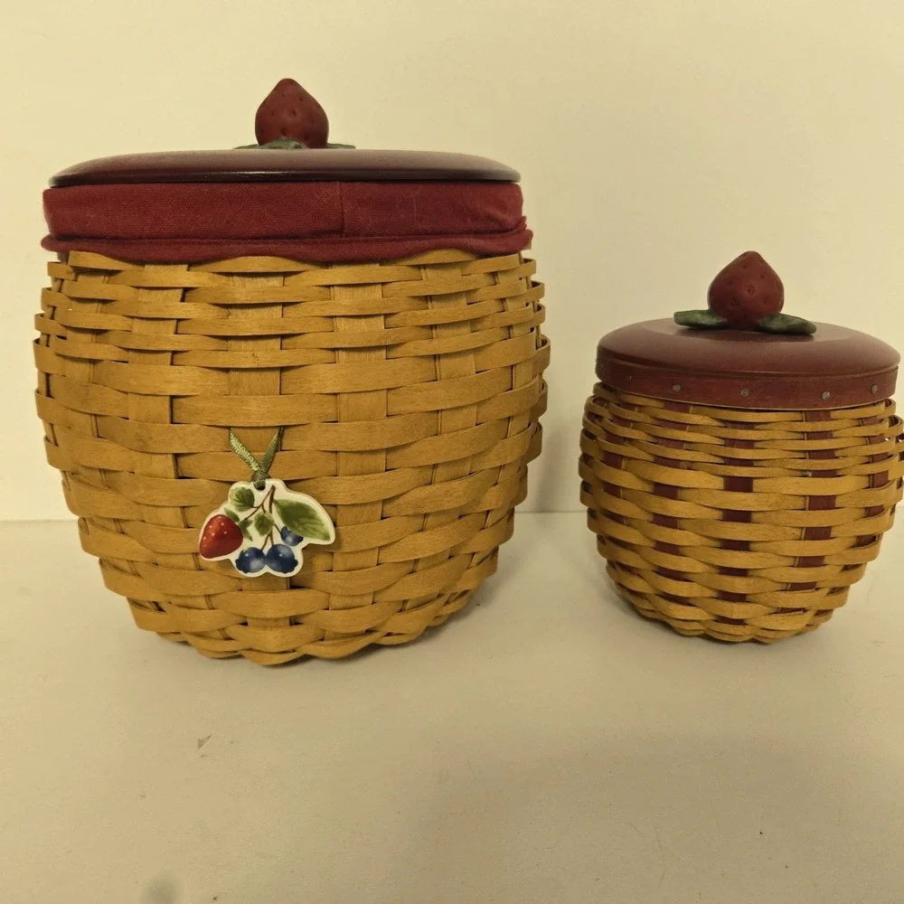 2pc Longaberger Large Small Strawberry Baskets Wood Lids Cannisters‎ Red NEW